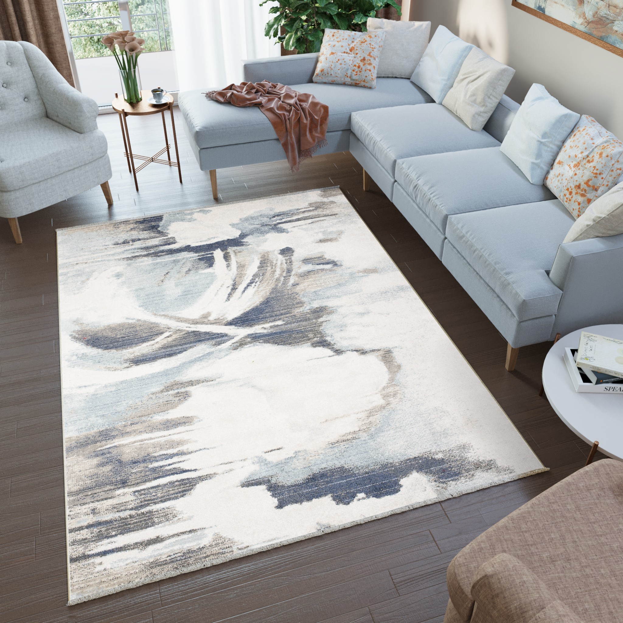 Tappeto Rivoli Crema Blu Astratto con Frange