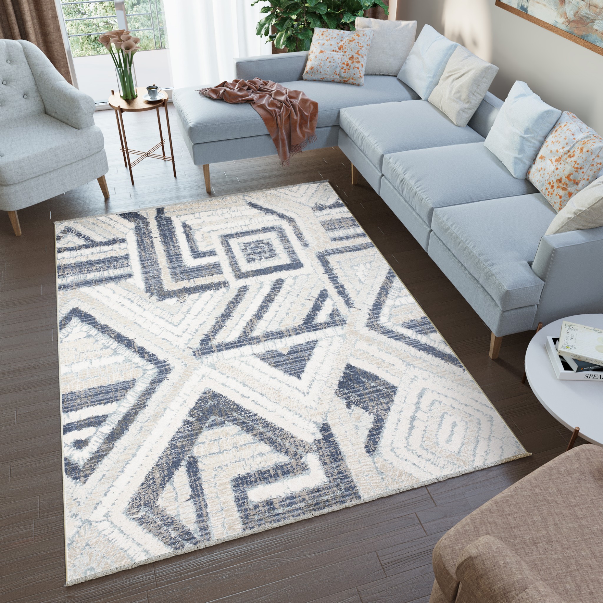Tappeto Rivoli Crema Blu Geometrico con Frange