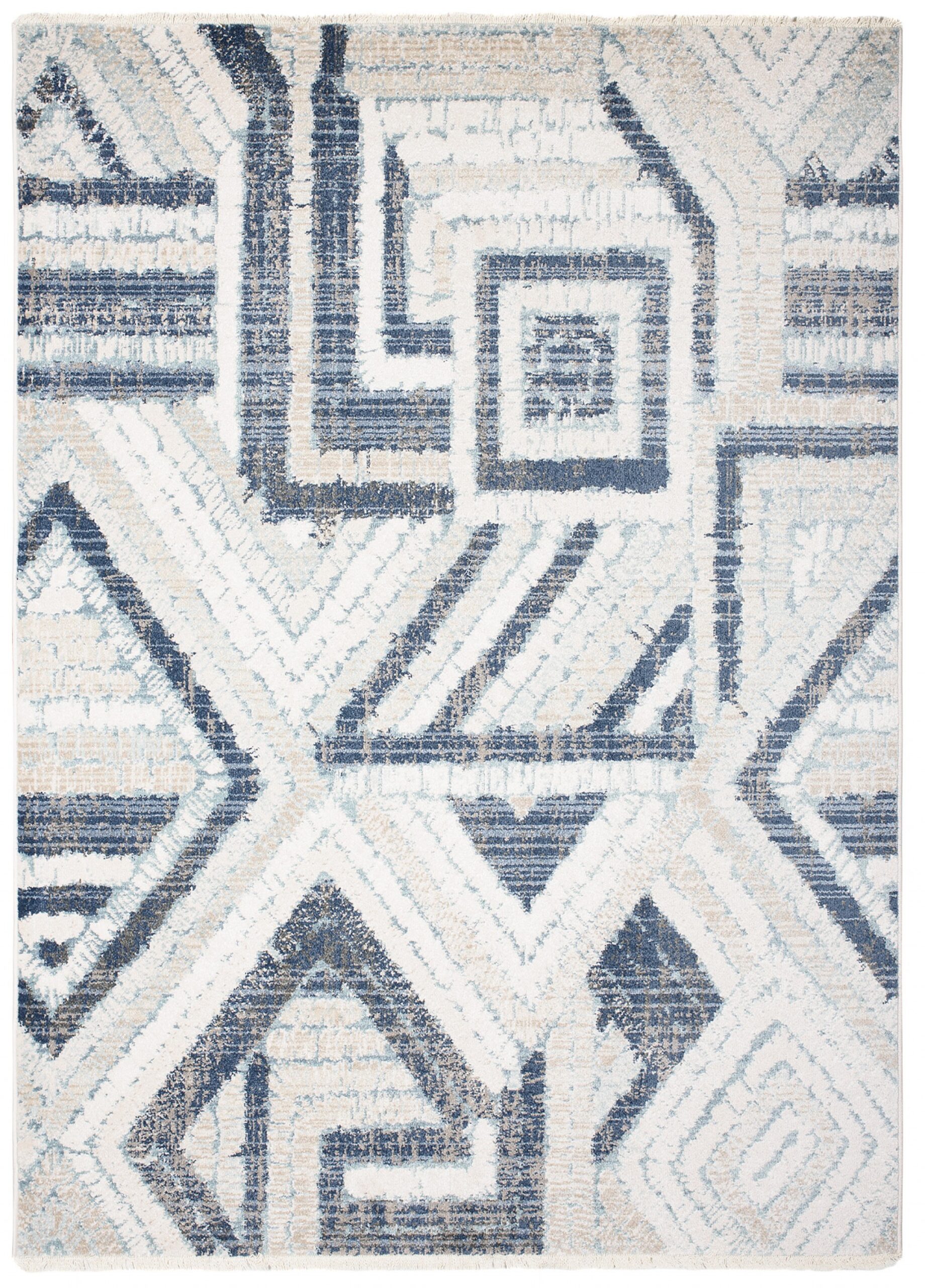 Tappeto Rivoli Crema Blu Geometrico con Frange