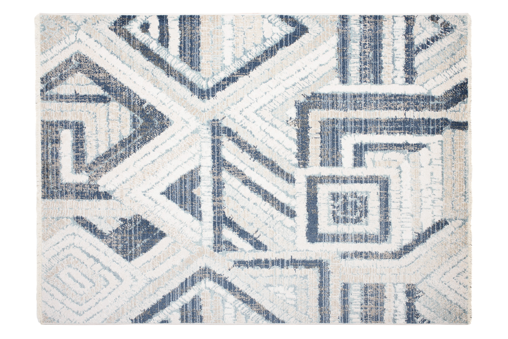 Tappeto Rivoli Crema Blu Geometrico con Frange