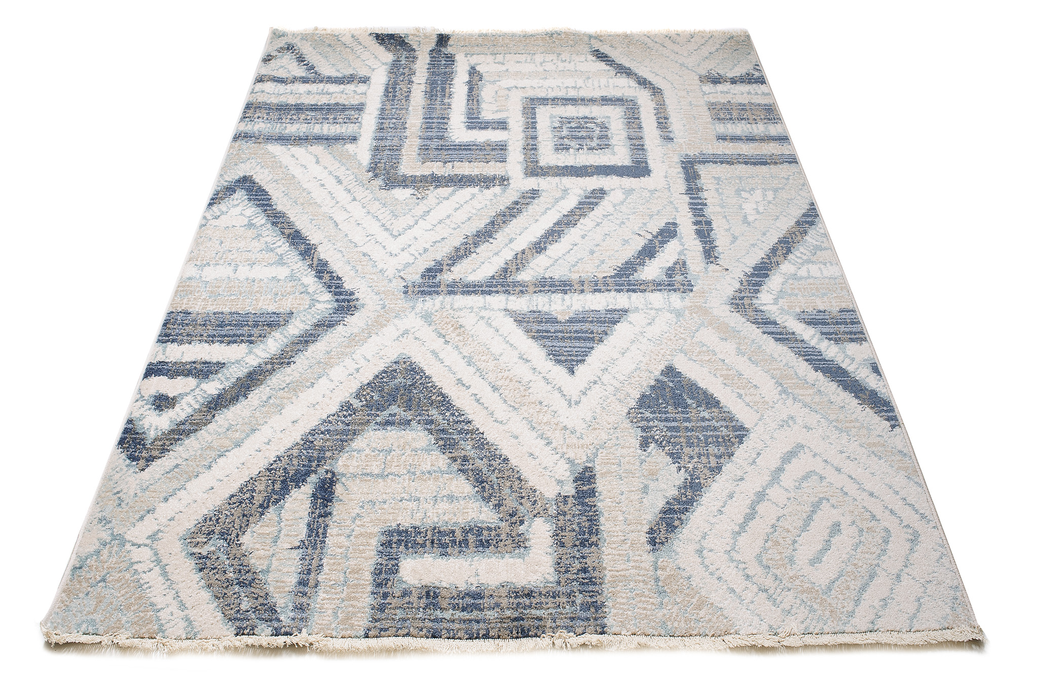 Tappeto Rivoli Crema Blu Geometrico con Frange