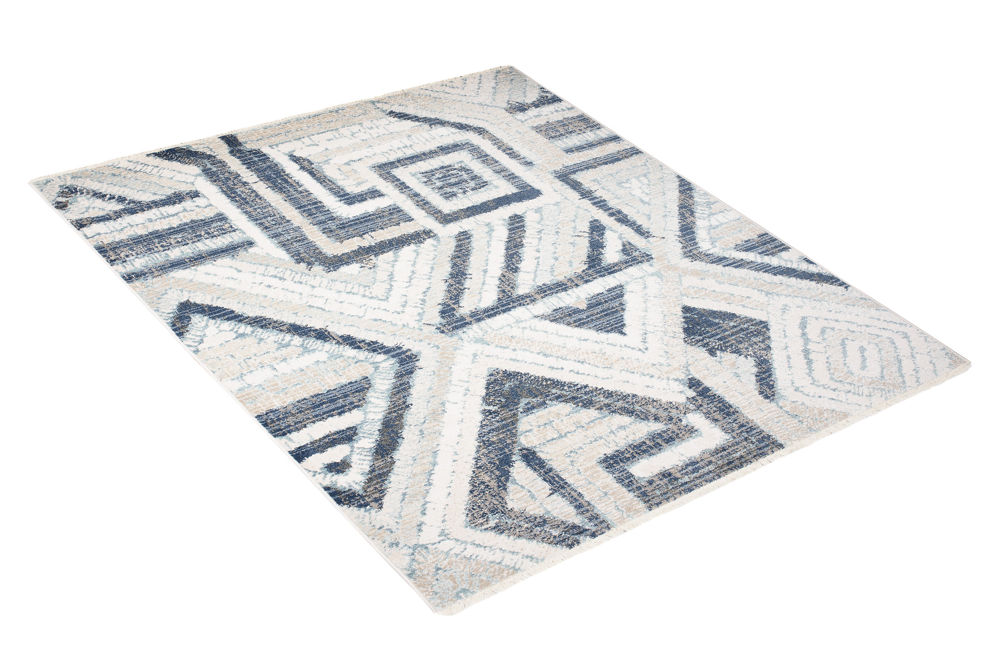 Tappeto Rivoli Crema Blu Geometrico con Frange