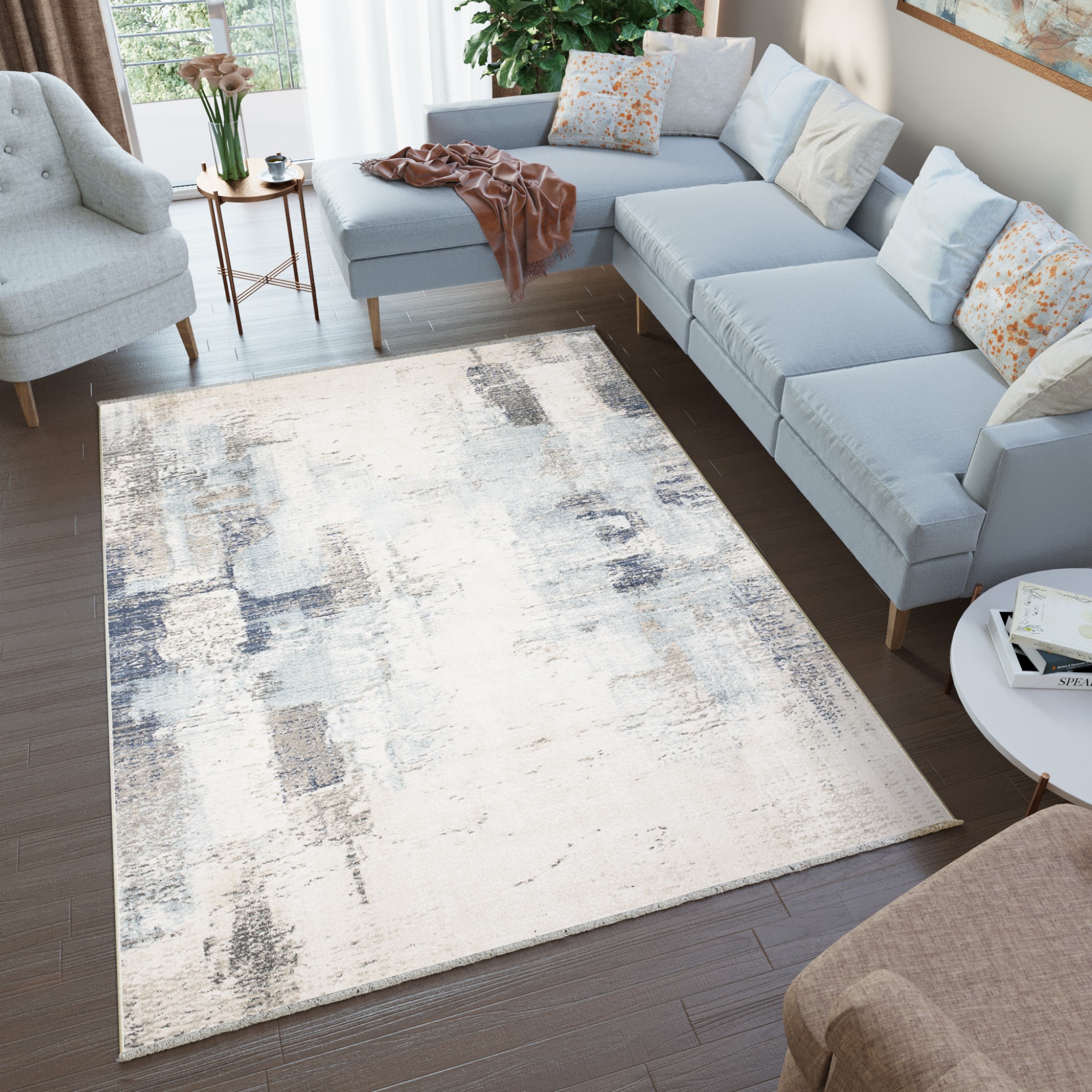 Tappeto Rivoli Crema Blu Chiaro Moderno con Frange