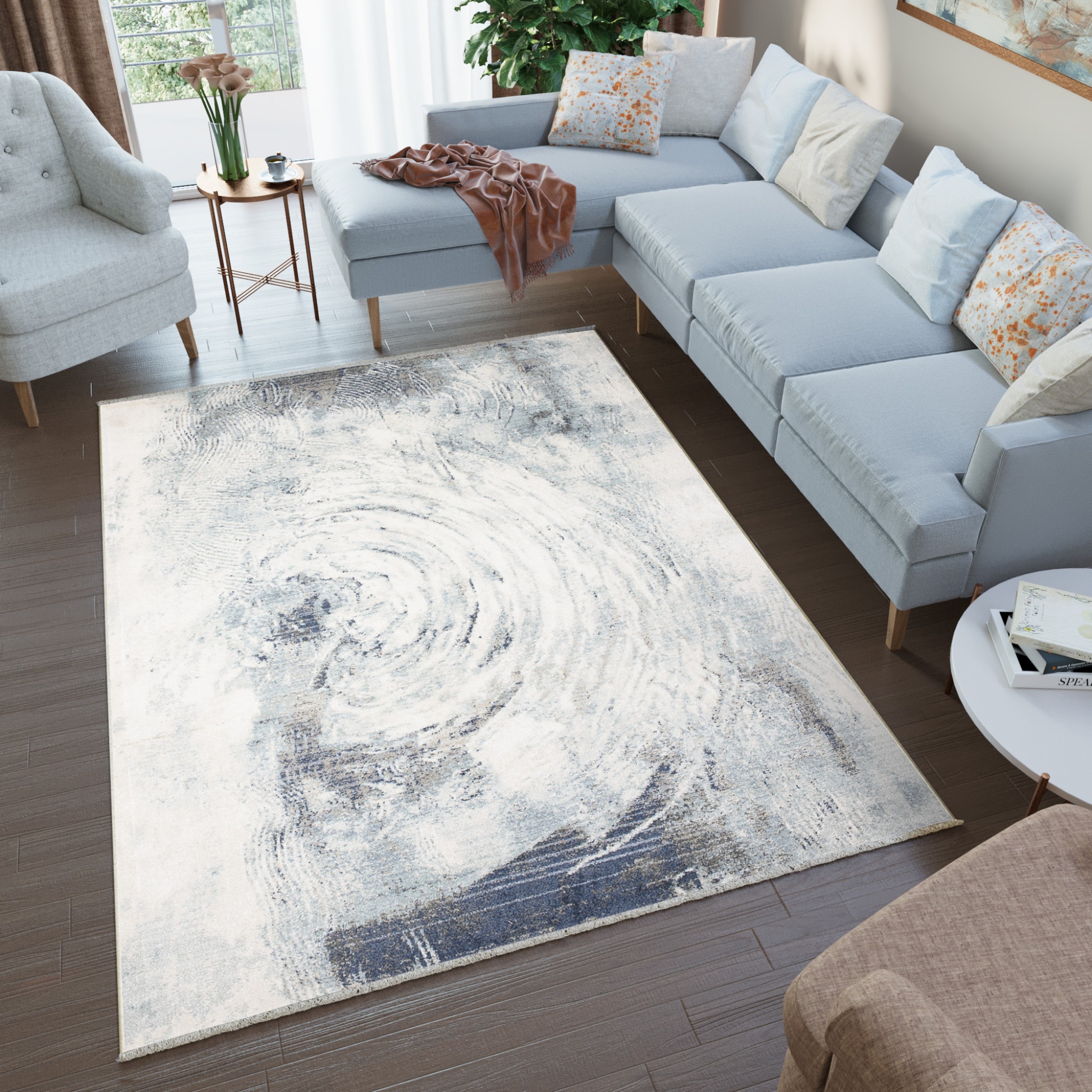 Tappeto Rivoli Moderno Crema Blu con Frange
