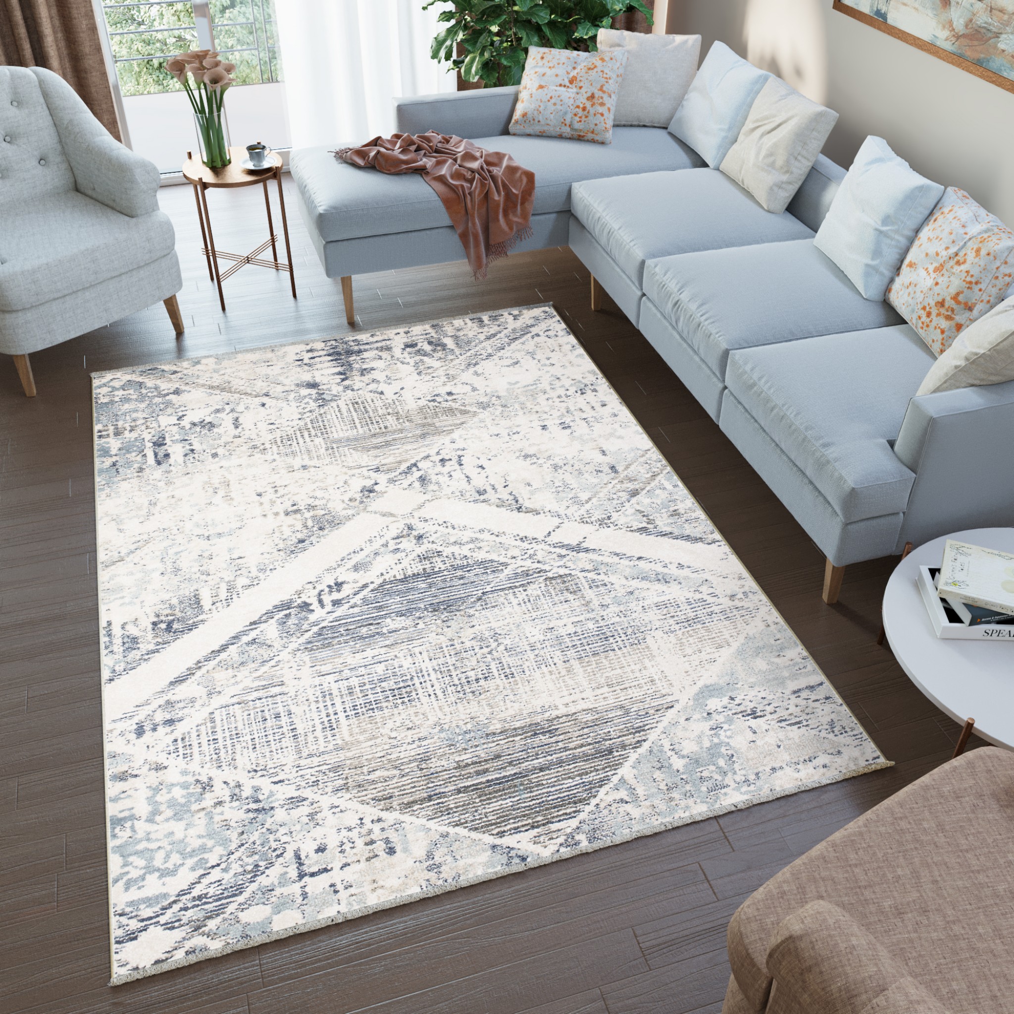 Tappeto Rivoli Geometrico Crema Blu con Frange