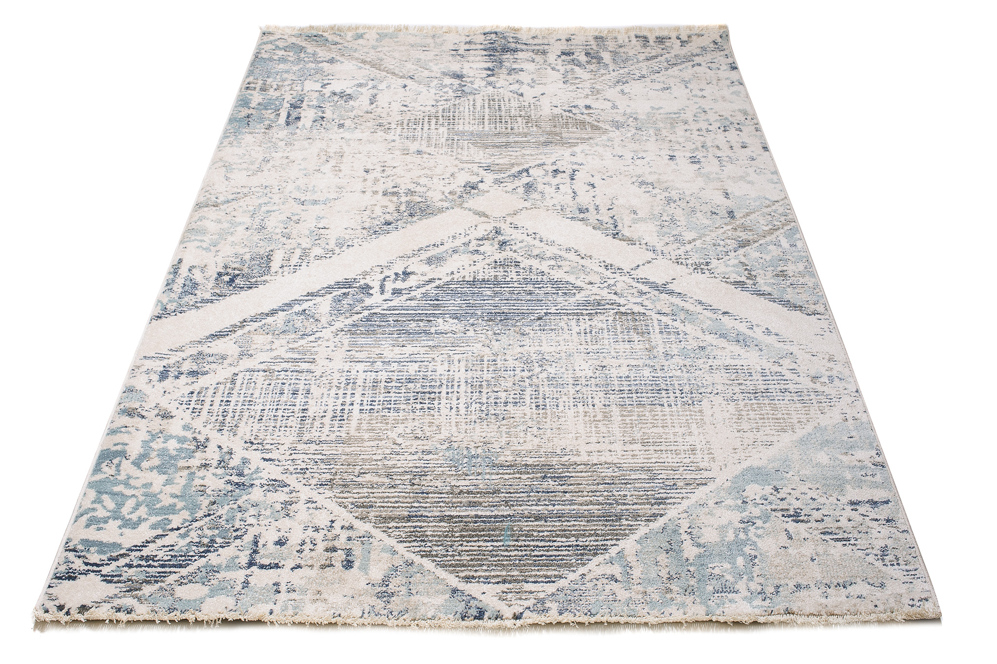 Tappeto Rivoli Geometrico Crema Blu con Frange