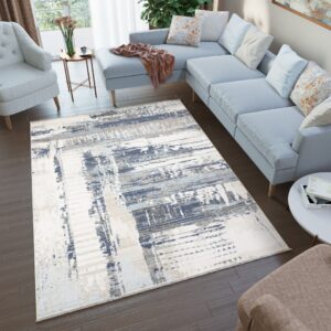 Tappeto Rivoli Blu Scuro Crema Astratto con Frange