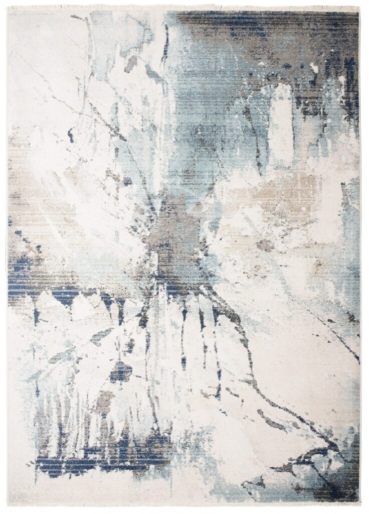 Tappeto Rivoli Crema Blu Astratto Vernice con Frange