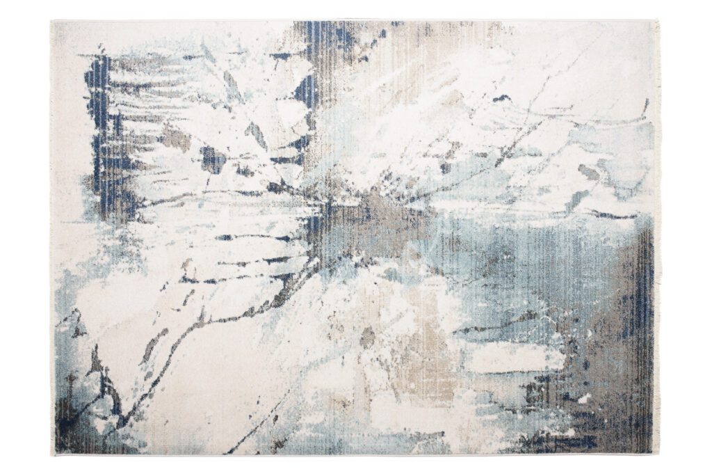 Tappeto Rivoli Crema Blu Astratto Vernice con Frange