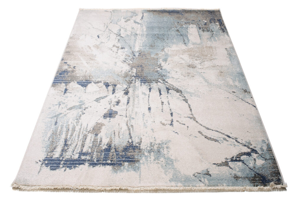 Tappeto Rivoli Crema Blu Astratto Vernice con Frange