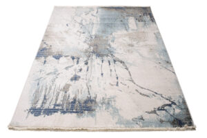 Tappeto Rivoli Crema Blu Astratto Vernice con Frange