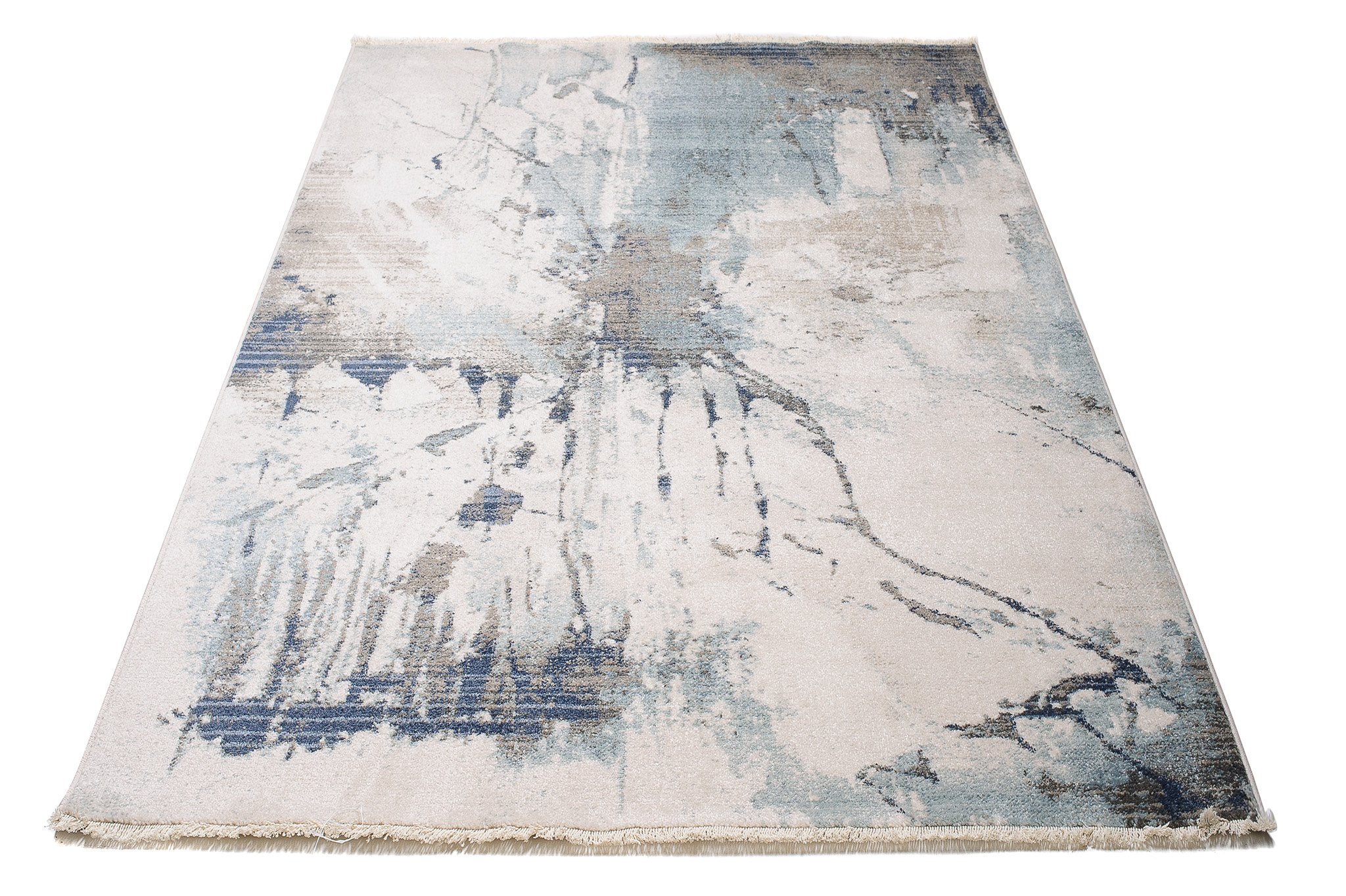 Tappeto Rivoli Crema Blu Astratto Vernice con Frange