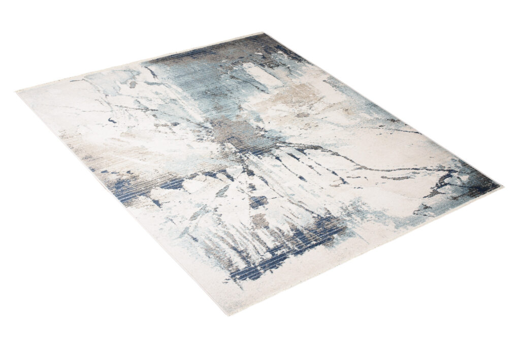 Tappeto Rivoli Crema Blu Astratto Vernice con Frange