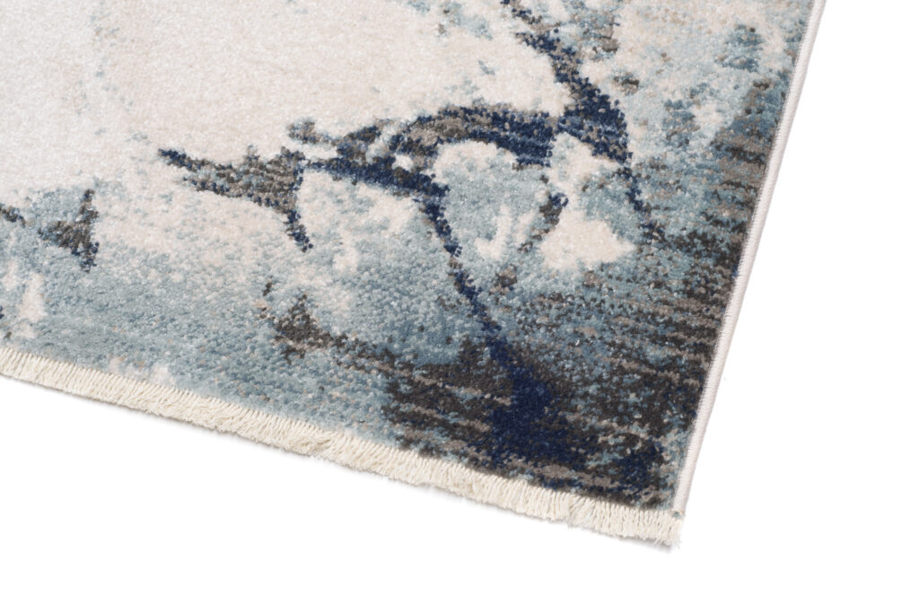 Tappeto Rivoli Crema Blu Astratto Vernice con Frange