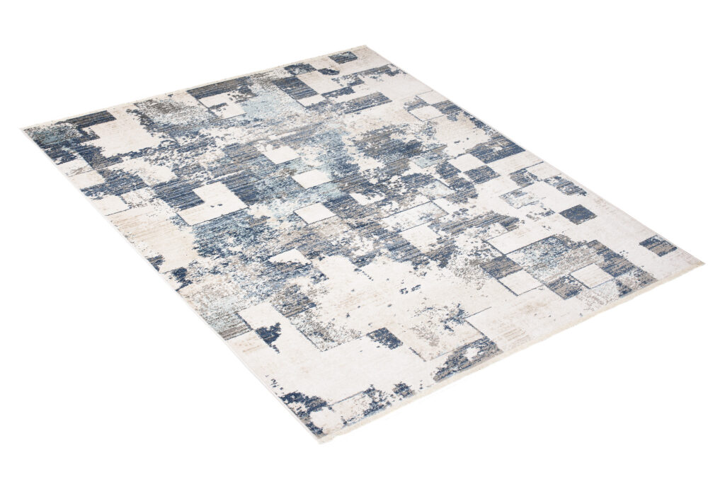 Tappeto Rivoli Crema Blu Quadratti Sfumature con Frange