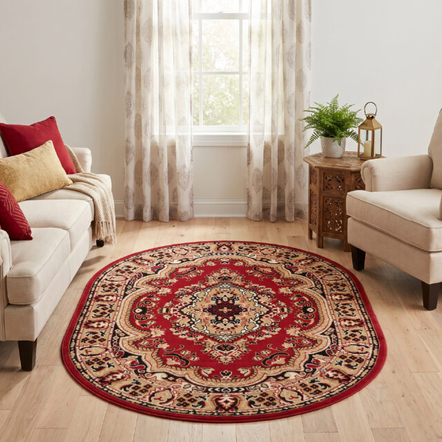 Tappeto Atlas Ovale Rosso Beige Tradizionale Medaglione