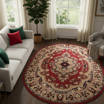 Tappeto Atlas Ovale Rosso Beige Tradizionale Medaglione
