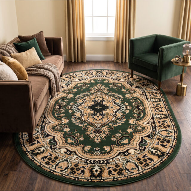 Tappeto Atlas Ovale Verde Beige Tradizionale Medaglione