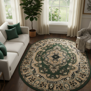 Tappeto Atlas Ovale Verde Beige Tradizionale Medaglione