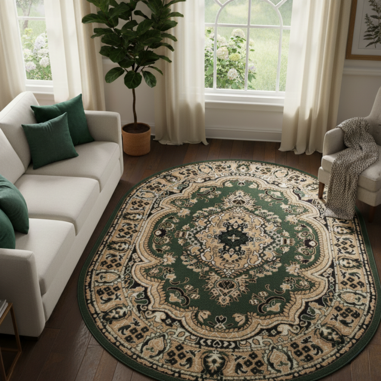 Tappeto Atlas Ovale Verde Beige Tradizionale Medaglione