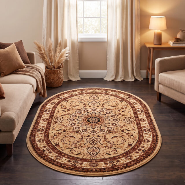 Tappeto Atlas Ovale Beige Marrone Tradizionale Rosetta Cornice