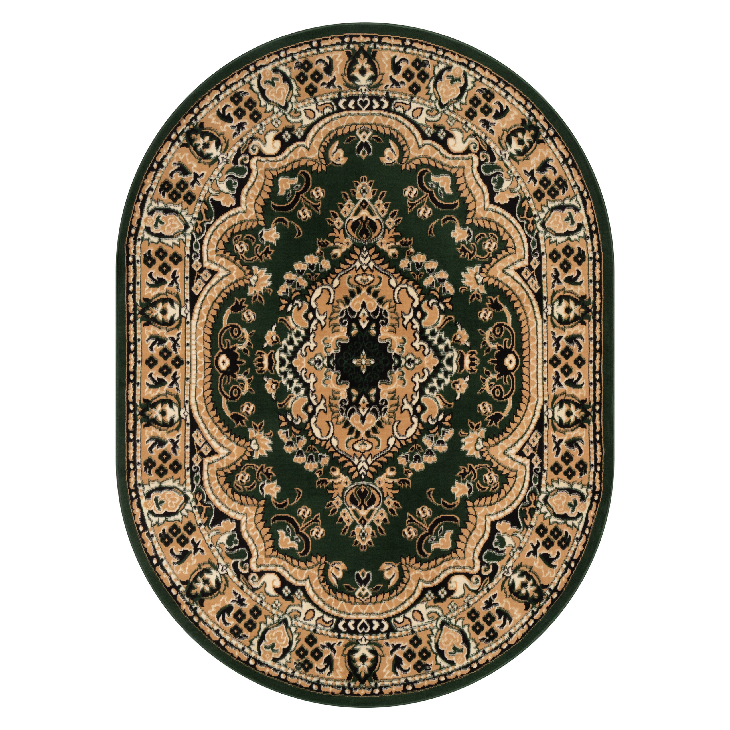 Tappeto Atlas Ovale Verde Beige Tradizionale Medaglione