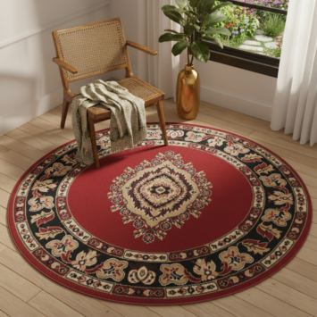 Tappeto Atlas Rotondo Rosso Beige Tradizionale Medaglione