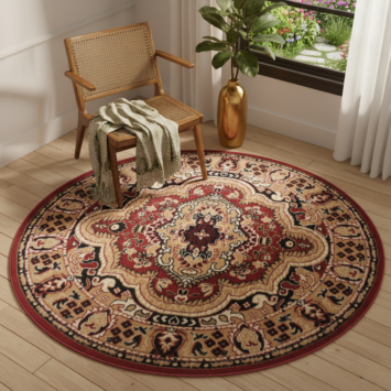 Tappeto Atlas Rotondo Rosso Beige Tradizionale Medaglione