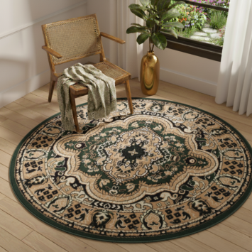 Tappeto Atlas Rotondo Verde Beige Tradizionale Medaglione