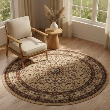 Tappeto Atlas Rotondo Beige Marrone Tradizionale Rosetta Cornice