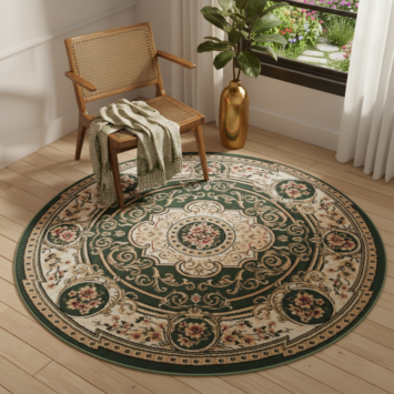 Tappeto Atlas Rotondo Verde Crema Tradizionale Medaglione