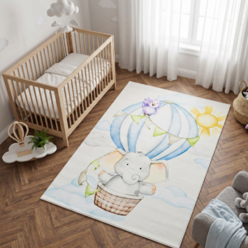 Tappeto Kids Bambini Multicolore Elefante Mongolfiera Antiscivolo