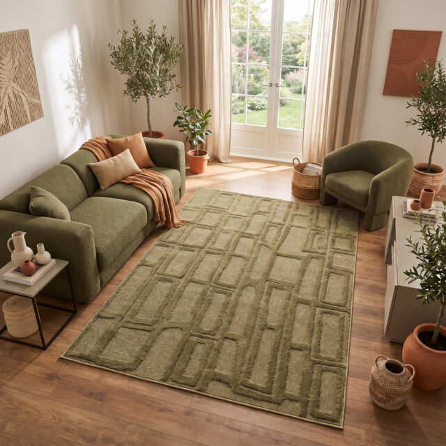 Tappeto Relievo 3D Verde Oliva Geometrico