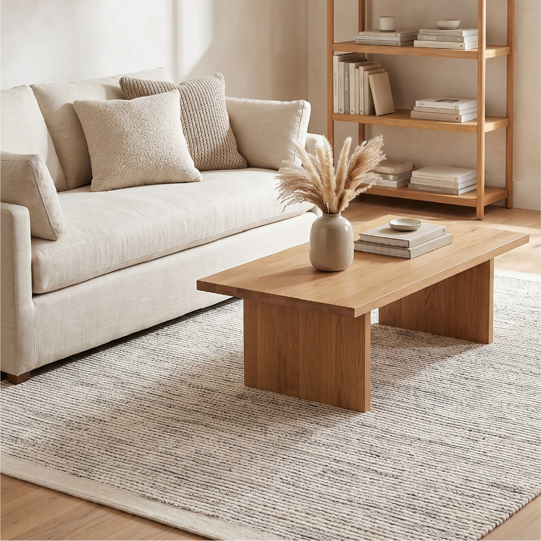 Tappeto in lana Loni Beige in un salotto scandinavo con luce autunnale soffusa
