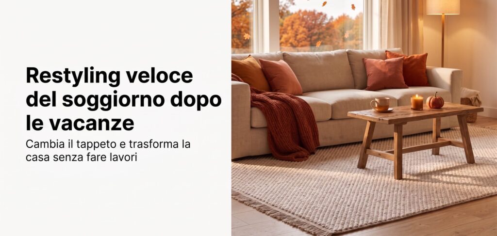 Soggiorno luminoso con tappeto color naturale e atmosfera autunnale