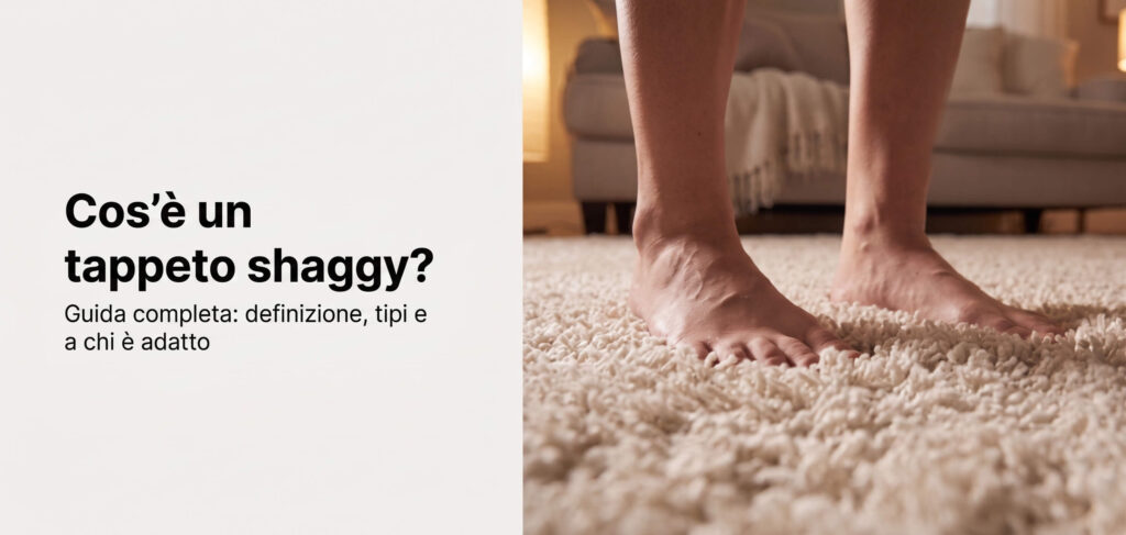 Tappeto shaggy a pelo lungo e chiaro in un salotto accogliente, piedi scalzi immersi nel pelo