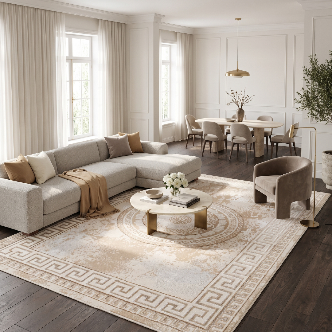 Tappeto grande 200x300 sotto il divano in un soggiorno moderno di 25 m², con fascia di pavimento libera intorno