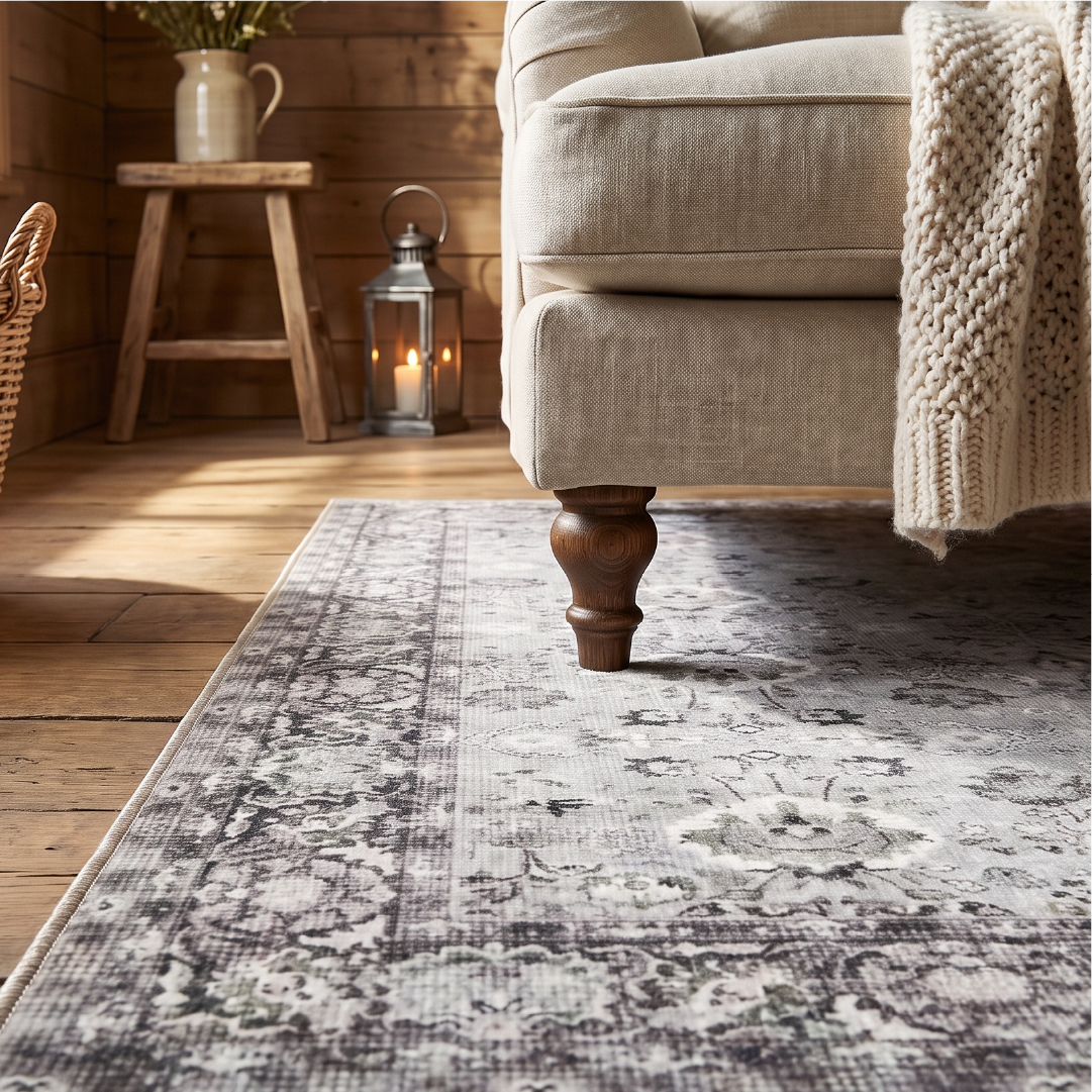 Tappeto 300x400 che delimita la zona living con angolare in un soggiorno open space di 30 m²