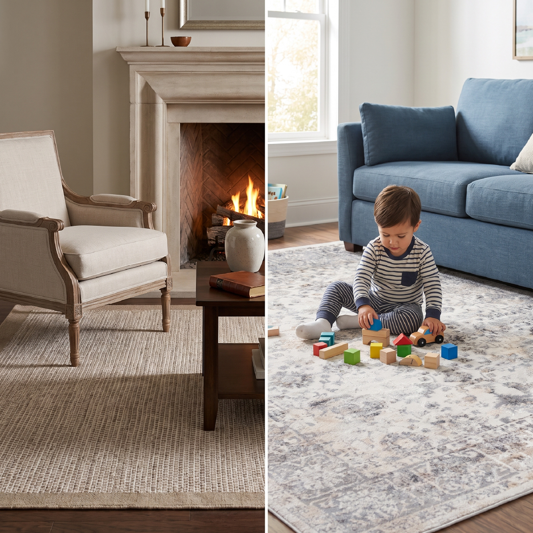 Collage tra un soggiorno elegante con tappeto in lana e una stanza per bambini con tappeto sintetico della collezione VALLEY